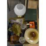 Collection of glass, stone ware, metal wares, radio, cameras,