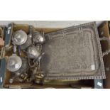 Mixed lot of metal ware included are a four piece silver plated set and rectangular tray,