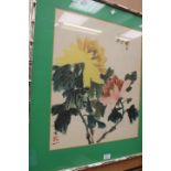 A large Chinese painting on fabric, flowers/butterflies, seal mark and signature,