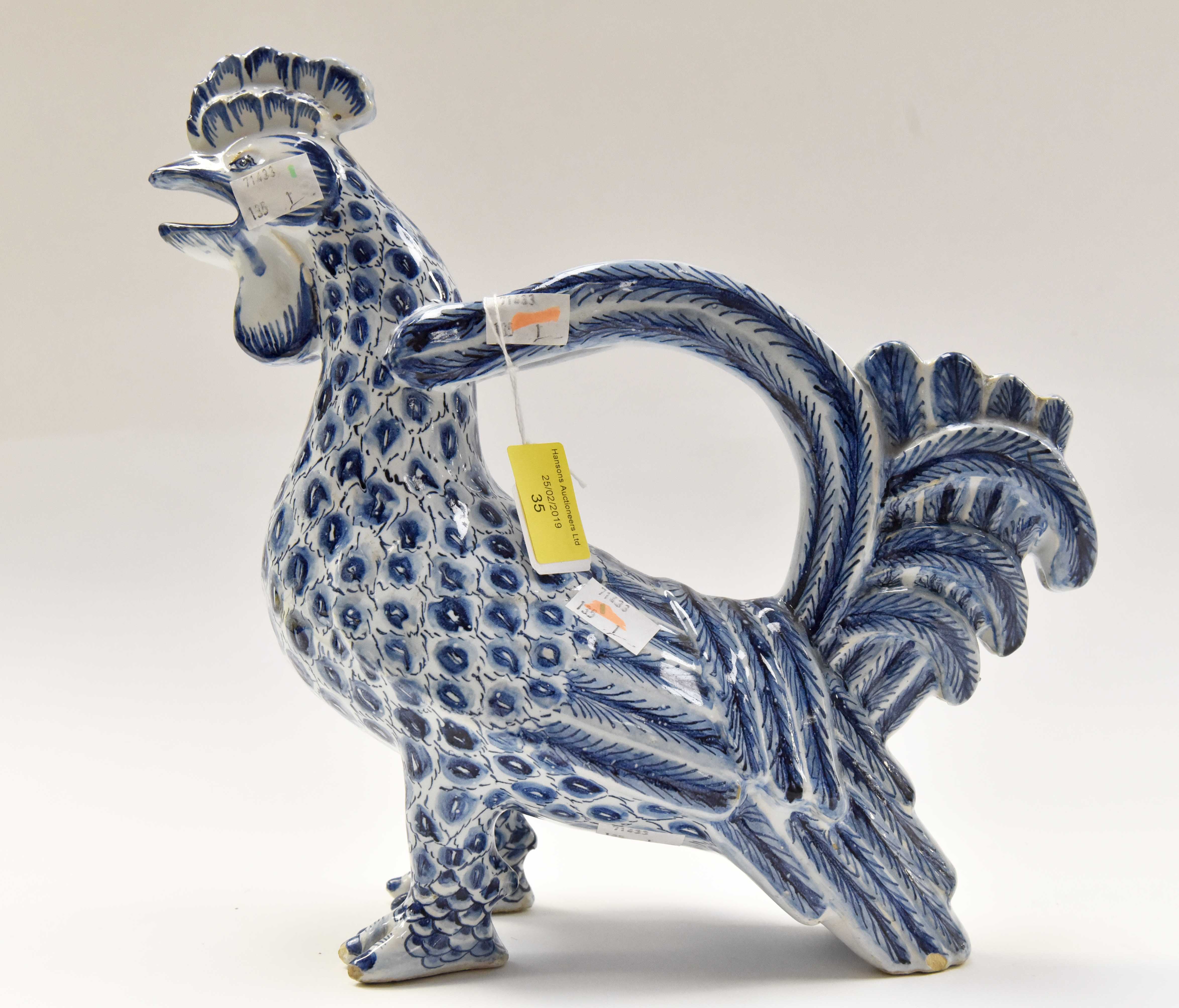 A 19th Century Alcide Chaumeil (AC) of Paris Cockerel jug in blue and white,