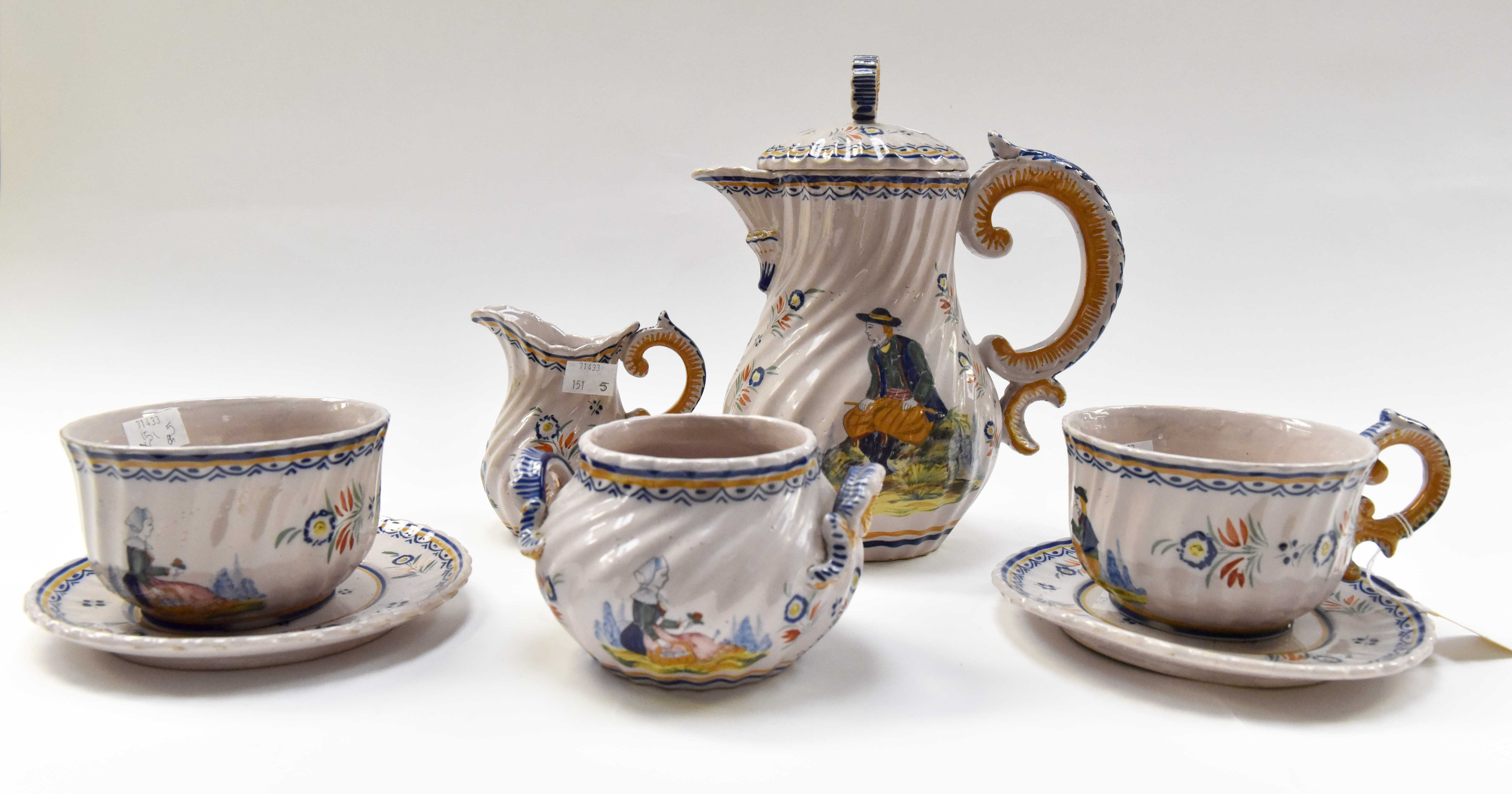 H.B. Quimper part coffee set, comprising coffee pot, milk, sugar, 2 tea cups & saucers.