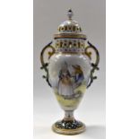 A Century HB Quimper "Pot Pourri" scene Breton and Botanical vase with scalloped detail with cover