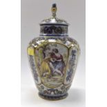 An unsigned fiance jar & cover; the cover having parrot finial. panels depicting romantic scenes.