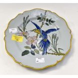 19th Century Porquier Beau botanical plate, decorated with blue humming bird.