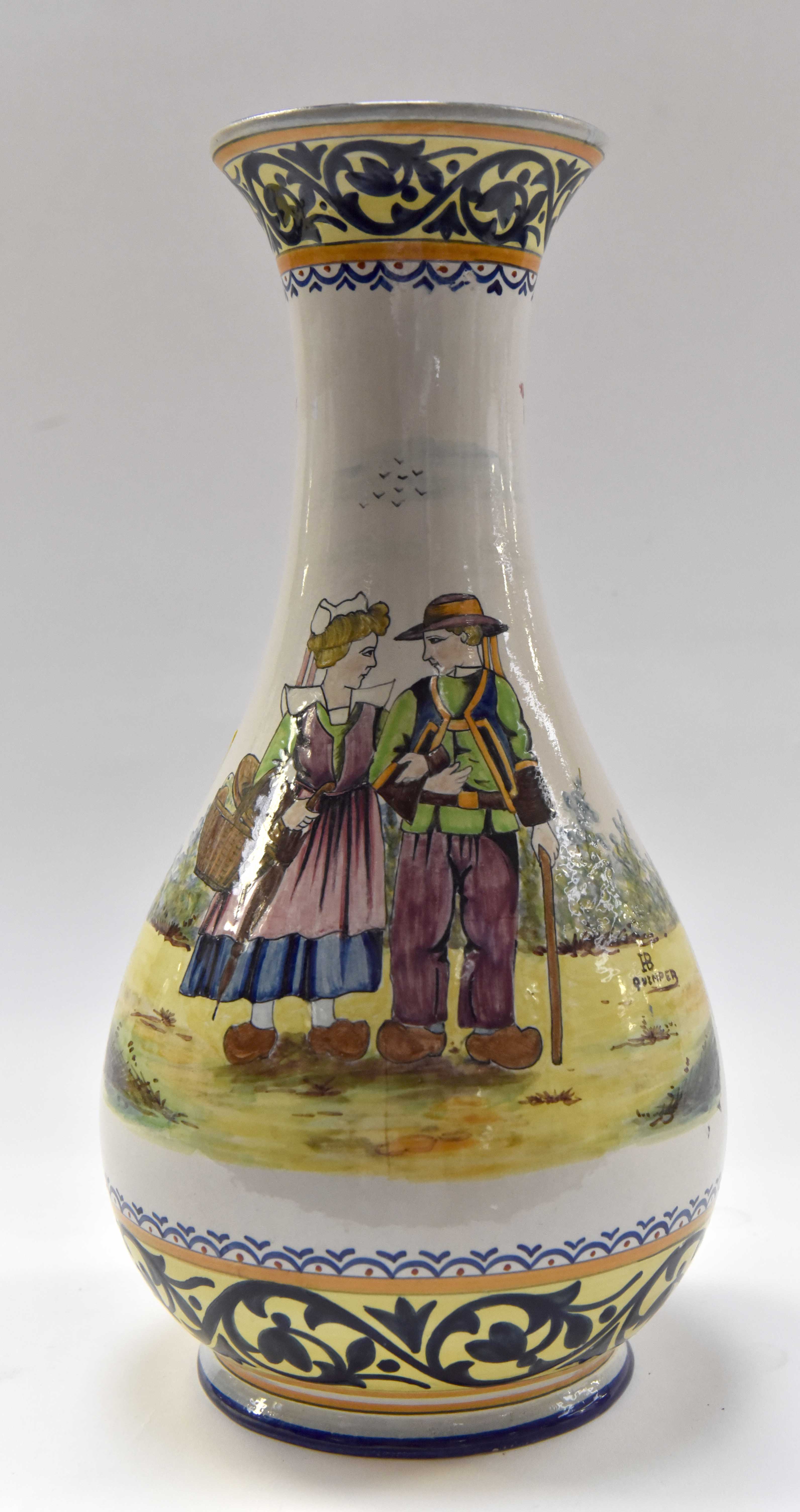 A 1930s H.B.Quimper vase, Decorated by D.R. influenced by Paul Fouillen.