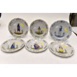 Six early 19th Century unmarked Quimper plates, each with a scalloped rim, floral spray borders,