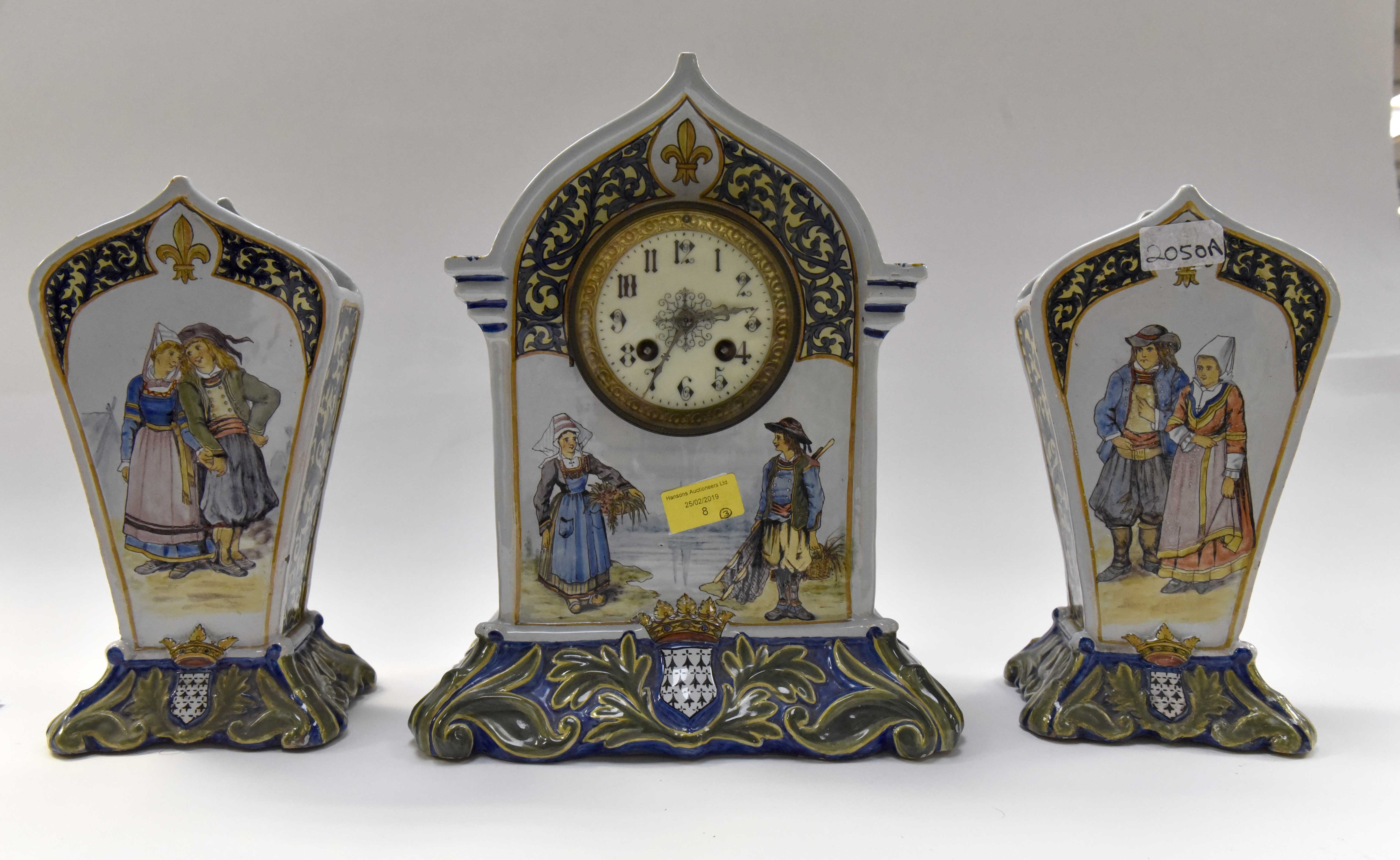 A late 19th Century Faience Porquier beau scene Bretonne and botanical clock granitise set