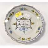 An 18th Century French Faience commemorative plate, Le Pere Duchere 1791, circa 18th Century,