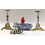 Quimper 19th Century blue and white planter and candle holder,