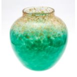 Monart ginger jar & cover. Jade green enamels on clear, gold adventurine rim c.1930. Height 20cm.