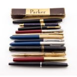 A Minka iridium point fountain pen; five Parker fountain pens; two Parker ball points; yardioled