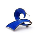 Ivar T Holth - a Norwegian silver and blue enamel ribbon brooch, stamped 925S H, Sterling, Norway,