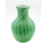 Monart vase green body pale blue & green stripes lustre finish (milk glass inside) c.1930