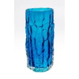 Whitefriars cylindrical bark vase c.1970. G. Baxter. Patt 9691 Kingfisher Blue