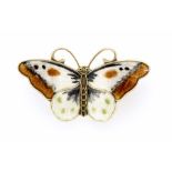 Hroar Prydz - a Norwegian silver and enamel butterfly brooch, in tones of white brown and green,