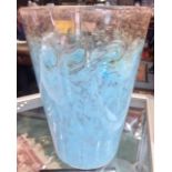 Monart vase, pale blue enamel and swirls, copper fleck to rim c.1930. 23.5cm H