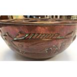 A Newlyn art school copper rose bowl with repousse fish pattern. Impressed NEWLYN verso. 448.