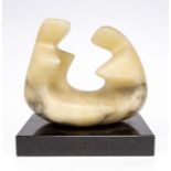 A 20th century Alabaster abstract figural sculpture on slate plinth in the manner of Henry Moore -