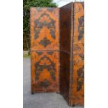 A 19th century three fold leather room divider, each panel 155cm H x 51cm W Condition: 2 old repairs