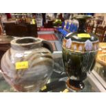 A mottled cream and brown studio pottery vase with T.B. stamp to bottom of the vase, 19.5cm H