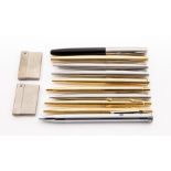 A collection of pens including three rolled gold Parker ball points; Parker fountain and ball point;