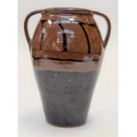 Derek Emms (1929 - 2004). Two handled stoneware tenmoku vase. Height 23cm x Width 18cm Leach pottery