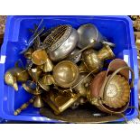 A collection of brass and copper including small scales; shell shaped dish (white metal);