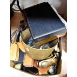 Collection of pewter, metal ware, clothes brushes,