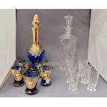 Two liquor set, blue and gold glass decanter, five glasses,