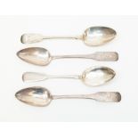 Four various 19th Century Fiddle pattern table spoons, 1 x London 1850, 1 x Russian (stamped),