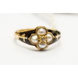 A Georgian mourning ring, set with four pearls in a cross shape, set to the centre with a diamond,