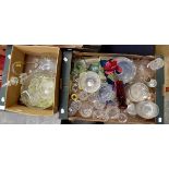 Assorted lot of glass wares to include two small green glass ephernes and stands, decanters,