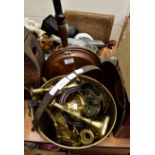 Collection of brassware including jam pan, candle sticks,