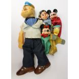 Four Disney 1960's puppets and Popeye doll (A/F)