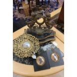 Cherubic pocket watch stand; brass pierced comport set with watercolour of Alexandra Palace;