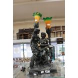 Resin neo classical table lamp depicting 2 females also with orange and green fluted glass shades