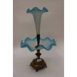 Victorian Epergne with blue Vaseline glass vase and dish