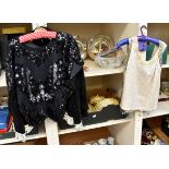 A collection of beaded tops; the silver sequined in mid 1950's; a cream iridescent top is 1970's;
