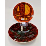 Poole pottery Studio pottery red and black decorated dish and a orange and brown decorated Poole