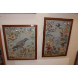 Two embroidered cross stitch wool work tapestries in 1930's oak frames, a pheasant,