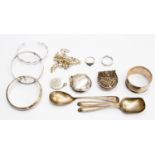 Collection of silver items including necklace, bangles,