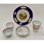 19th Century painted plate and cup 18th Century tea bowls and saucers