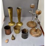 Georgian copper 1940's candlesticks and a pair of spill vases etc