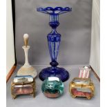 A blue flash glass lustre (lacking drops); glass slipper; paperweight; two souvenir jewellery boxes;