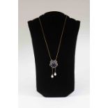 An Edwardian style amethyst, pearl and diamond pendant,