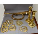 A collection of six horse brasses, including "Festival of Britain 1951"; Looe Cornwall; Dartmoor,