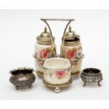 Ceramic and plated cruet set in stand and two metal salt dishes