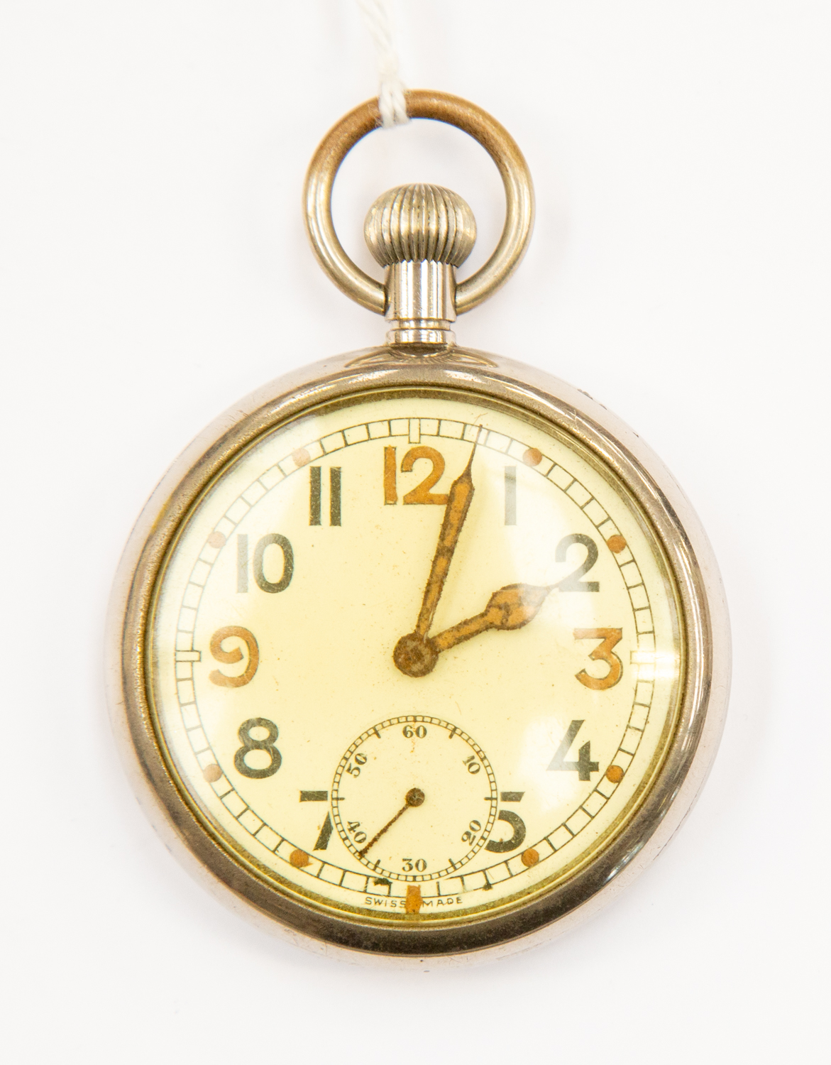 WW2 British General Service Trade Pattern pocket watch. Swiss Made. Arabic numerals.