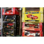 Eight Ferrari 1:18 scale diecast models including Burago and Revell