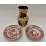 Radford vase and two pink and white country style soup bowls